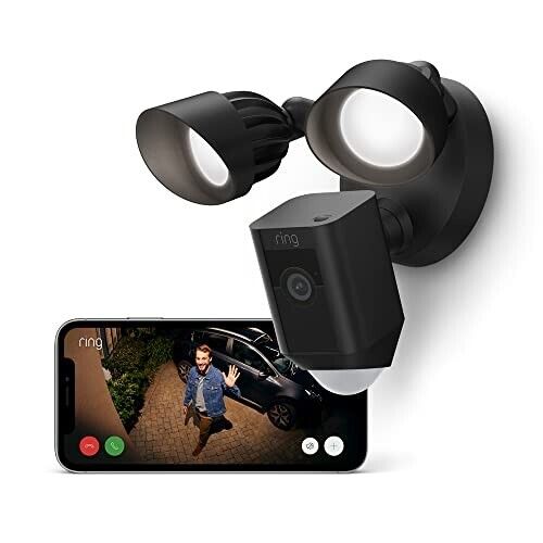 Ring Floodlight Cam Black with dual LED lights and smartphone connectivity for enhanced home security