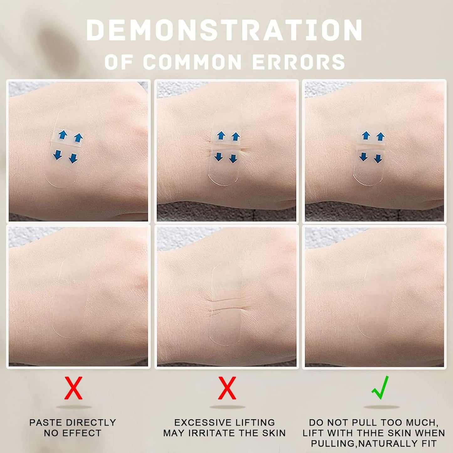 Demonstration of common errors when using facelift tapes for instant lift on the skin