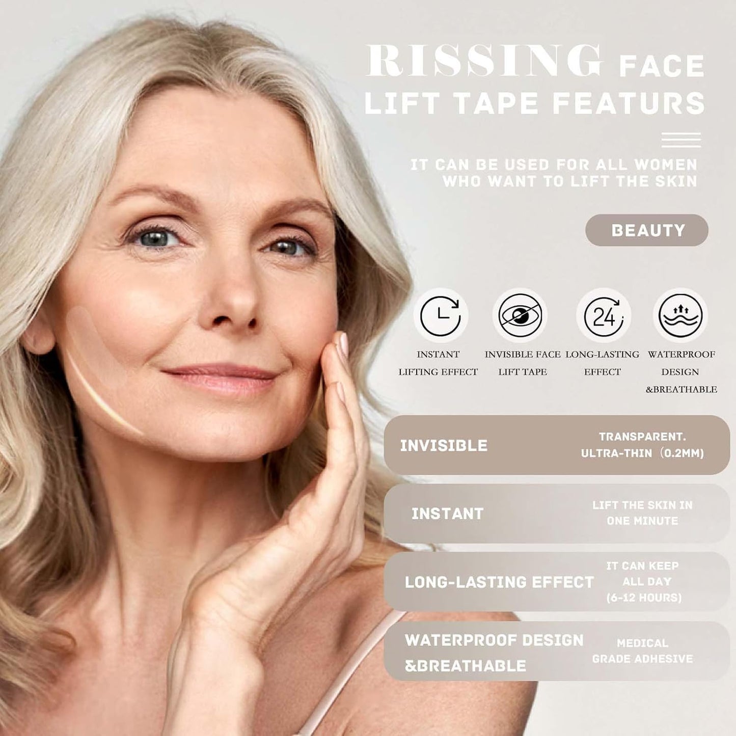 Rissing facelift tapes for instant lift featuring waterproof design and long-lasting effect for all-day use