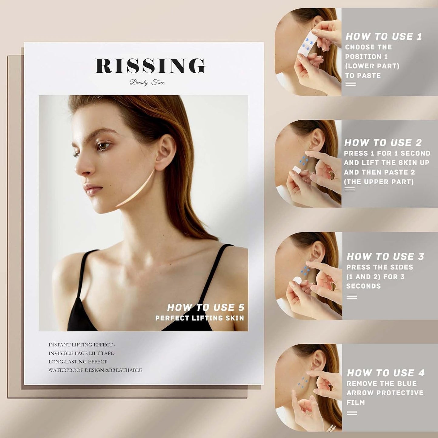 Rissing Facelift Tapes for Instant Lift with Step-by-Step Instructions for Perfect Lifting Skin