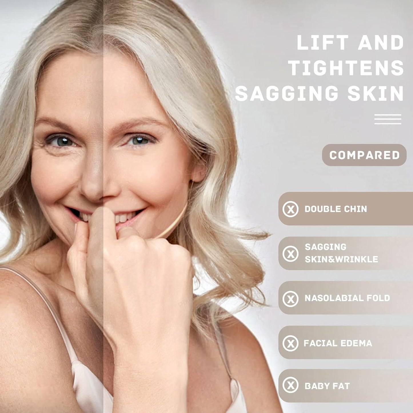 Before and after image demonstrating the effects of facelift tapes for instant lift on sagging skin