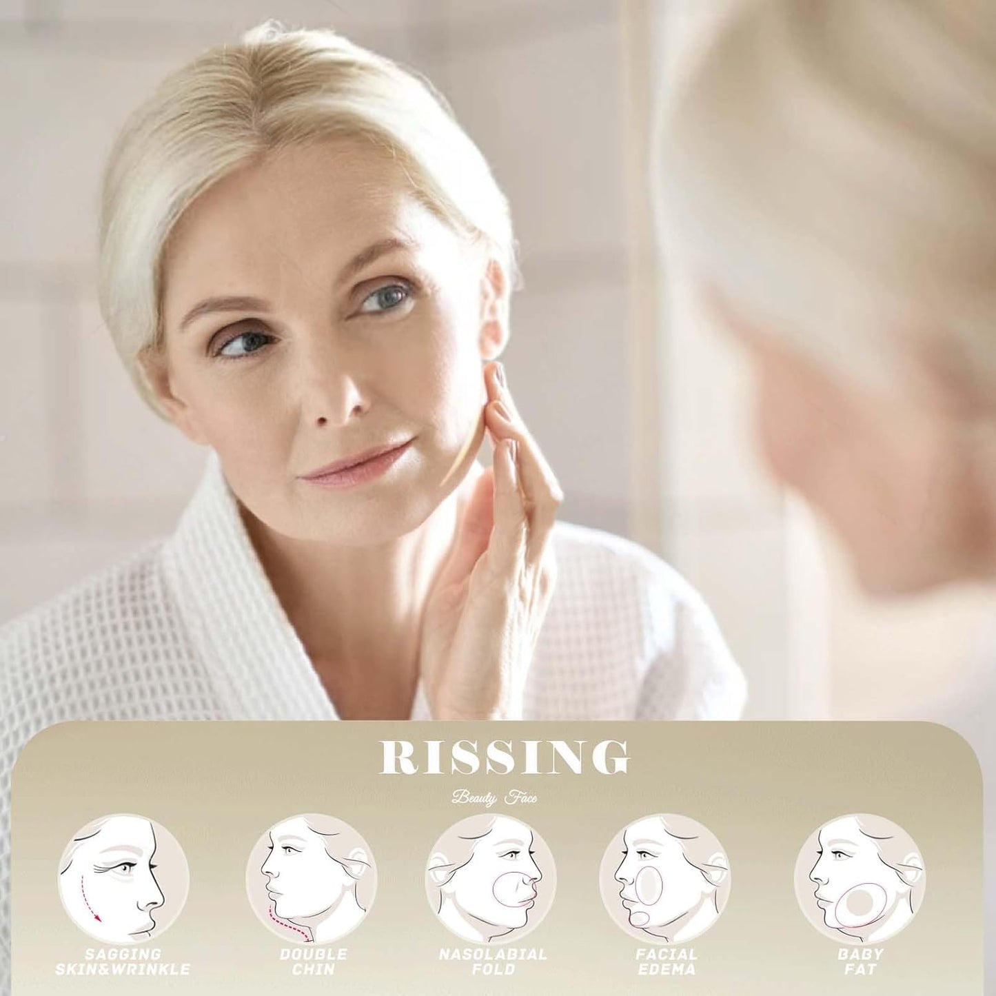 Rissing facelift tapes for instant lift shown on a model examining her skin in the mirror