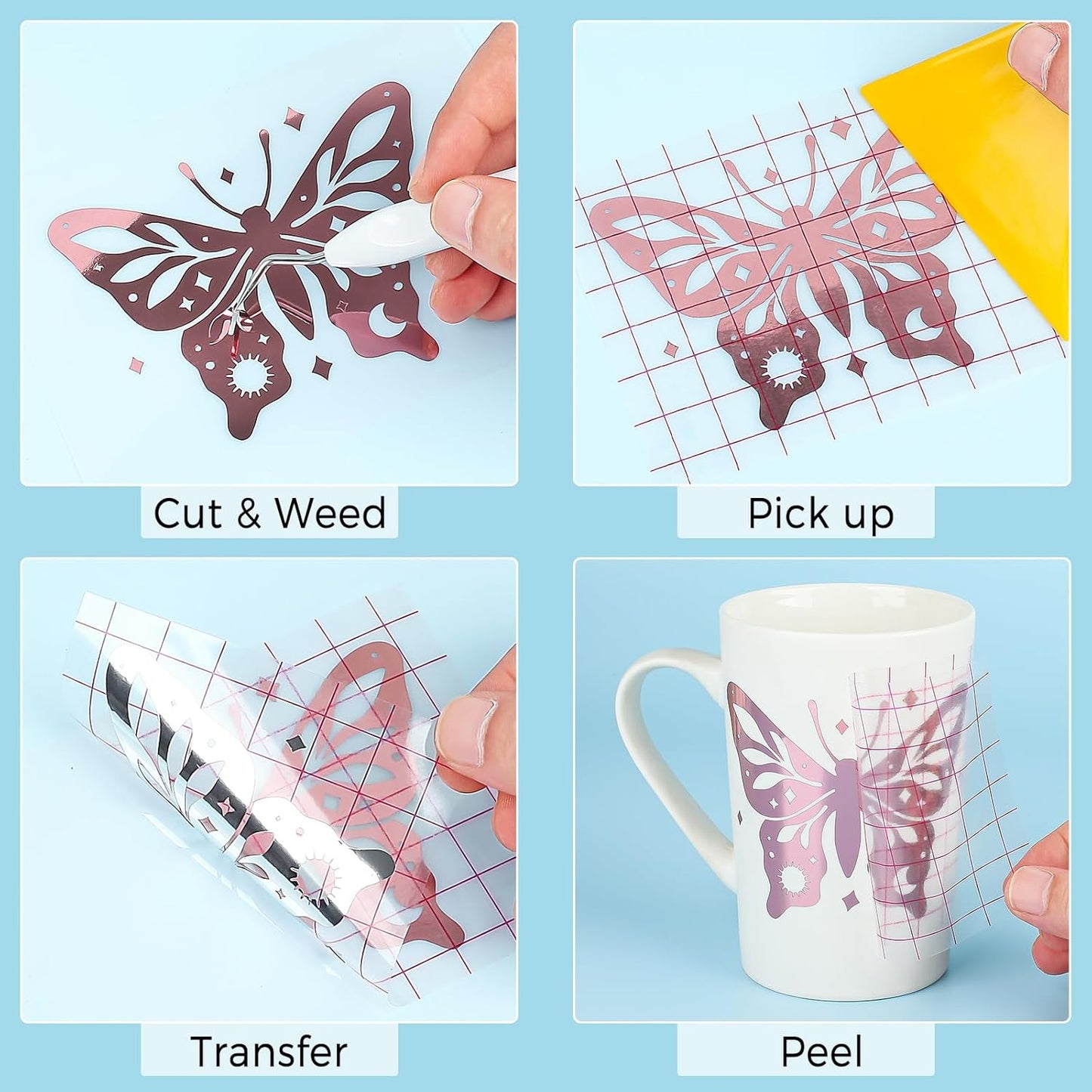 Step-by-step process using rose gold chrome vinyl roll for crafting butterfly designs on mugs