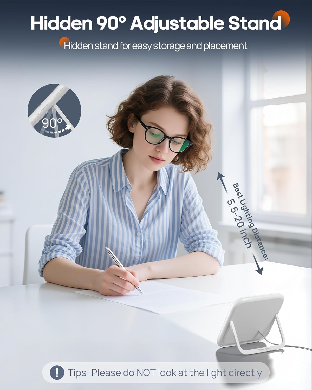SAD lamp 10000 Lux with hidden 90 degree adjustable stand for easy storage and placement