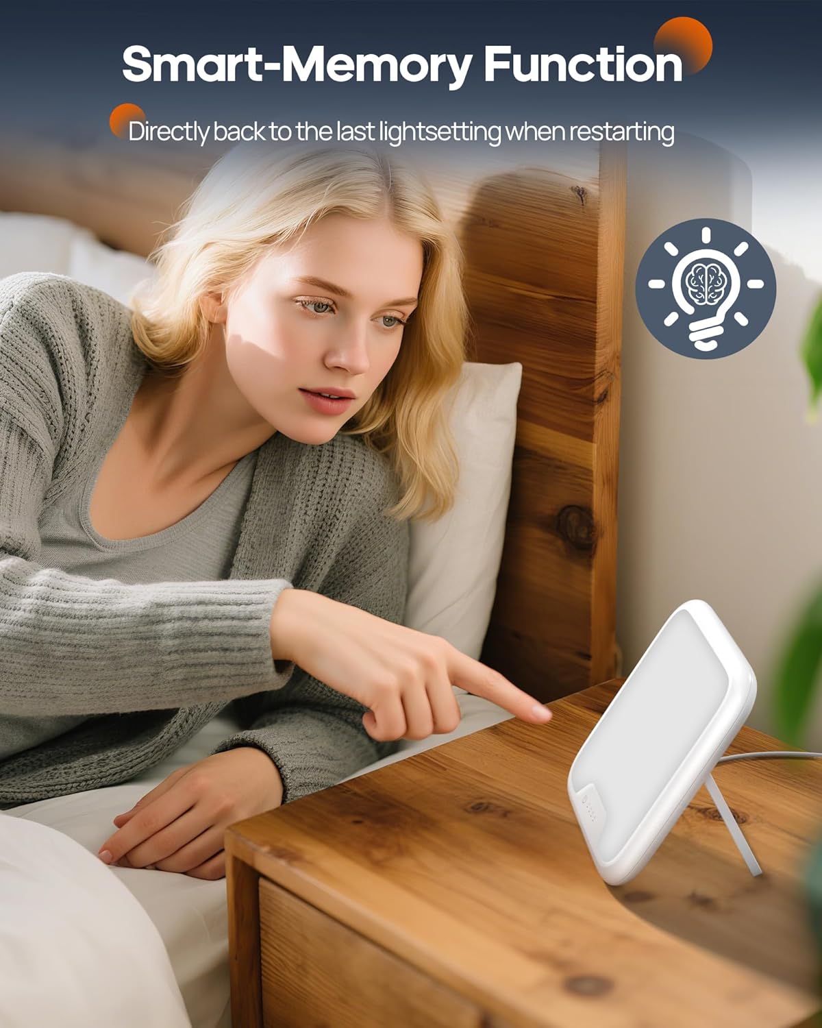 AJVV SAD lamp 10000 Lux with smart-memory function for personalised light settings in a cosy bedroom
