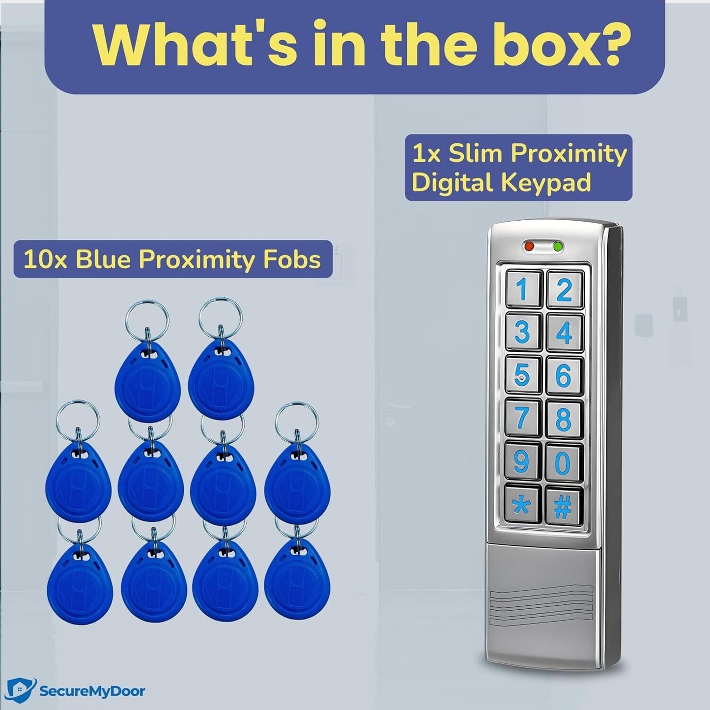 Home security door keypad with ten blue proximity fobs included in the box