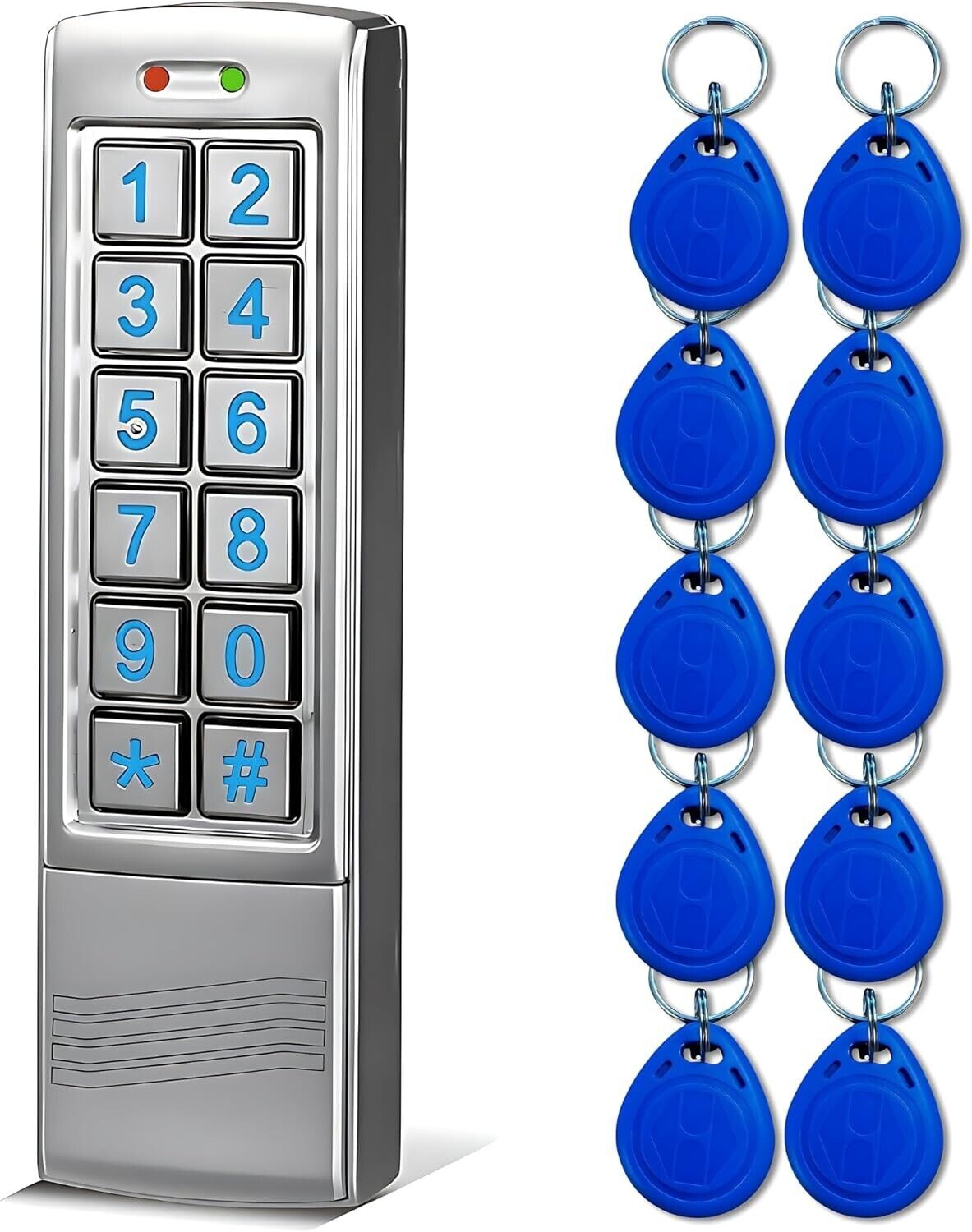 Home security door keypad with blue key fobs for easy access control