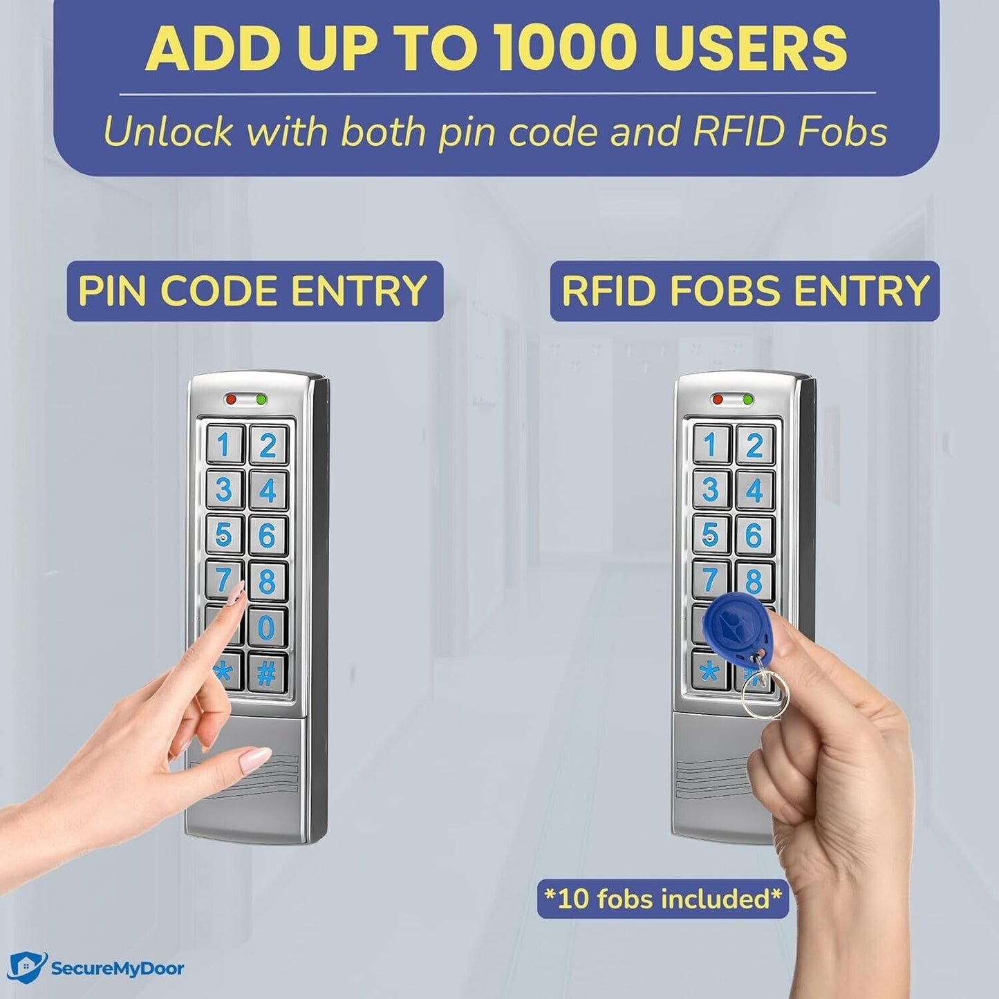 Home security door keypad offering pin code and RFID fobs entry for up to 1000 users