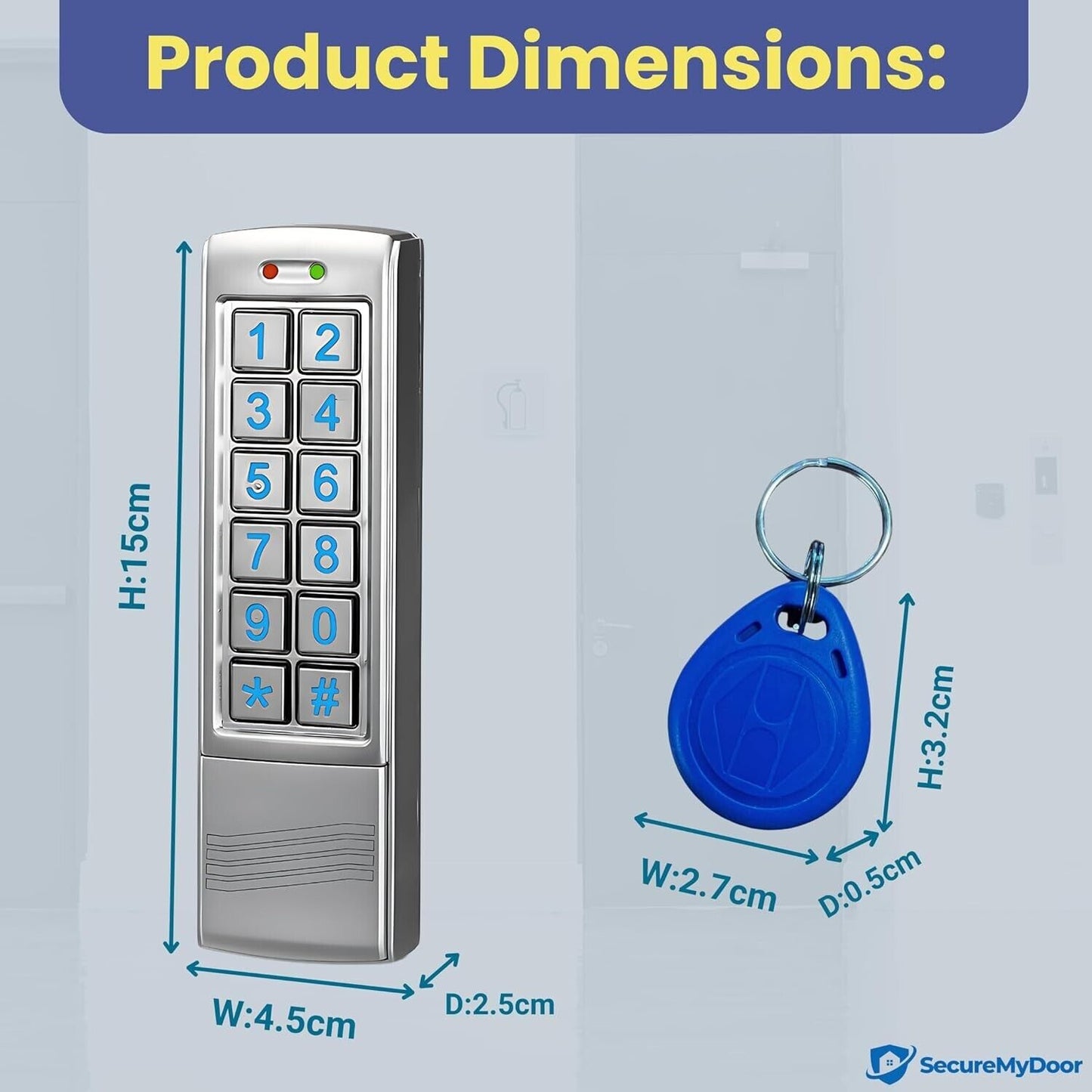 Home security door keypad with numeric buttons for secure access control, shown with dimensions