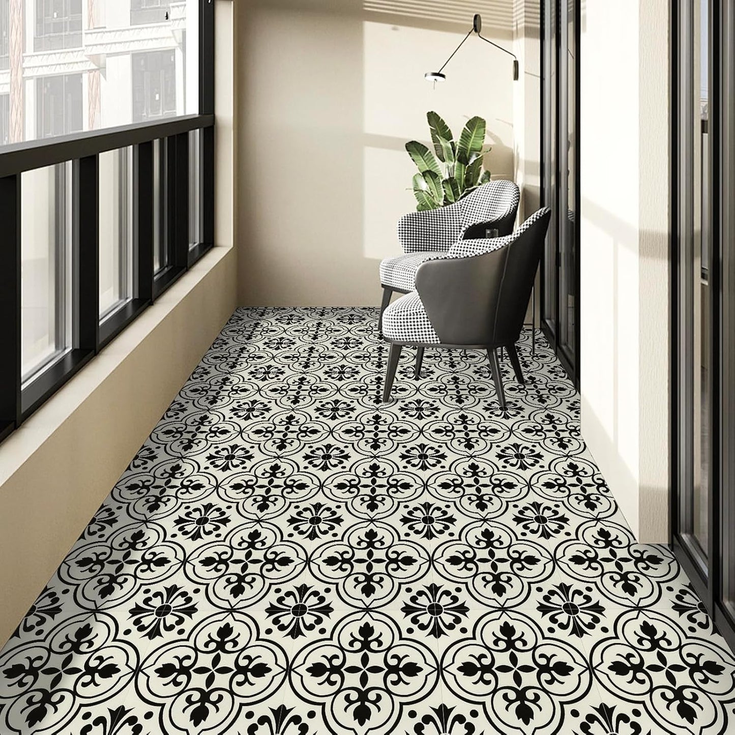 Stylish NUFLR self adhesive floor tiles 30cm x 30cm in a modern black and white pattern, perfect for home decor