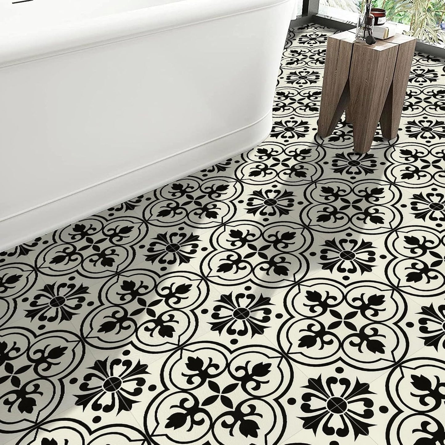 Stylish NUFLR self adhesive floor tiles 30cm x 30cm with intricate floral design for modern interiors