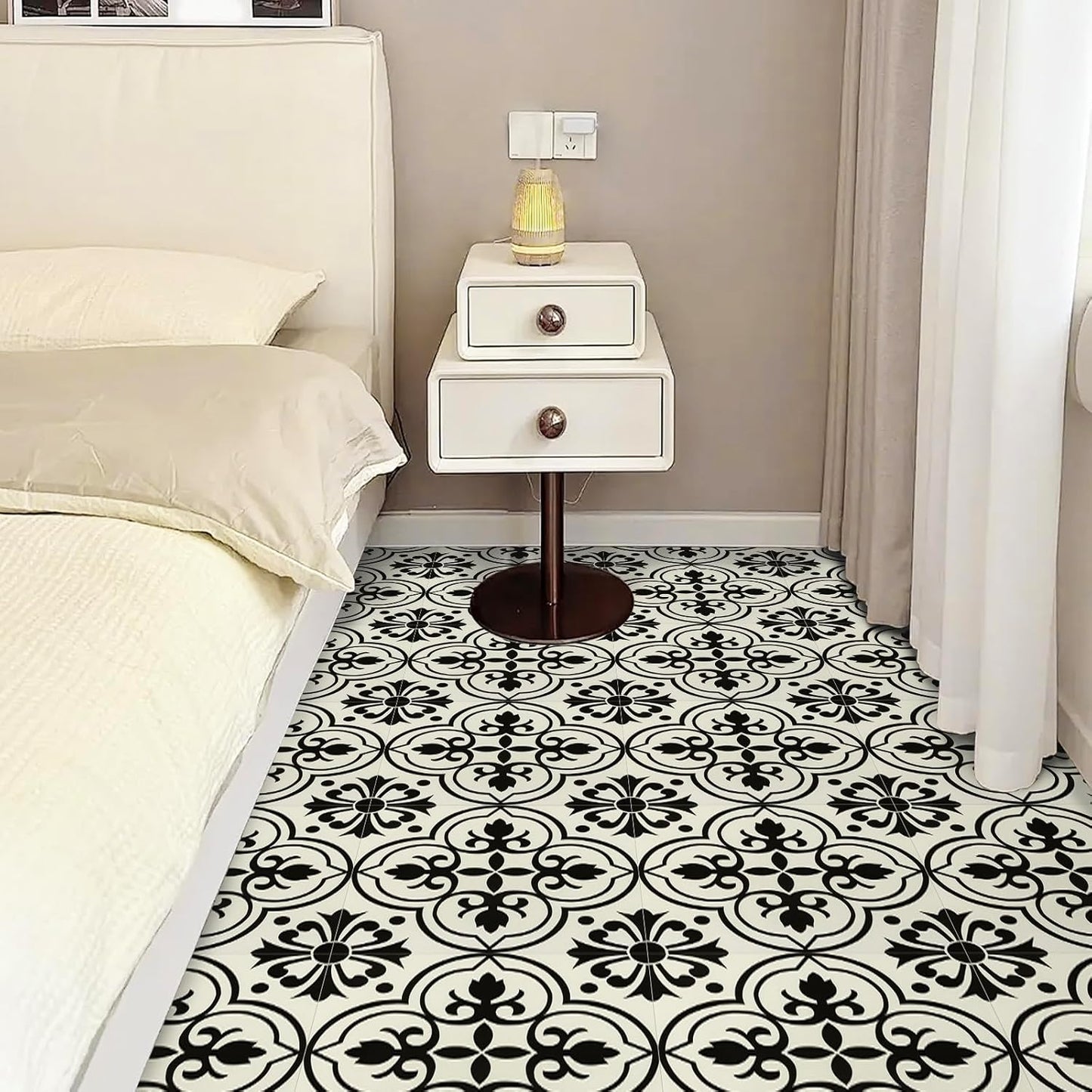 NUFLR self adhesive floor tiles 30cm x 30cm featuring an elegant black and white design in a bedroom setting