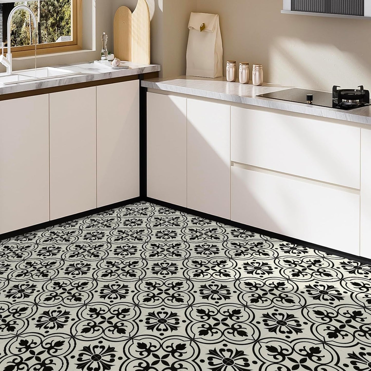 NUFLR self adhesive floor tiles 30cm x 30cm in a stylish patterned design for modern kitchens