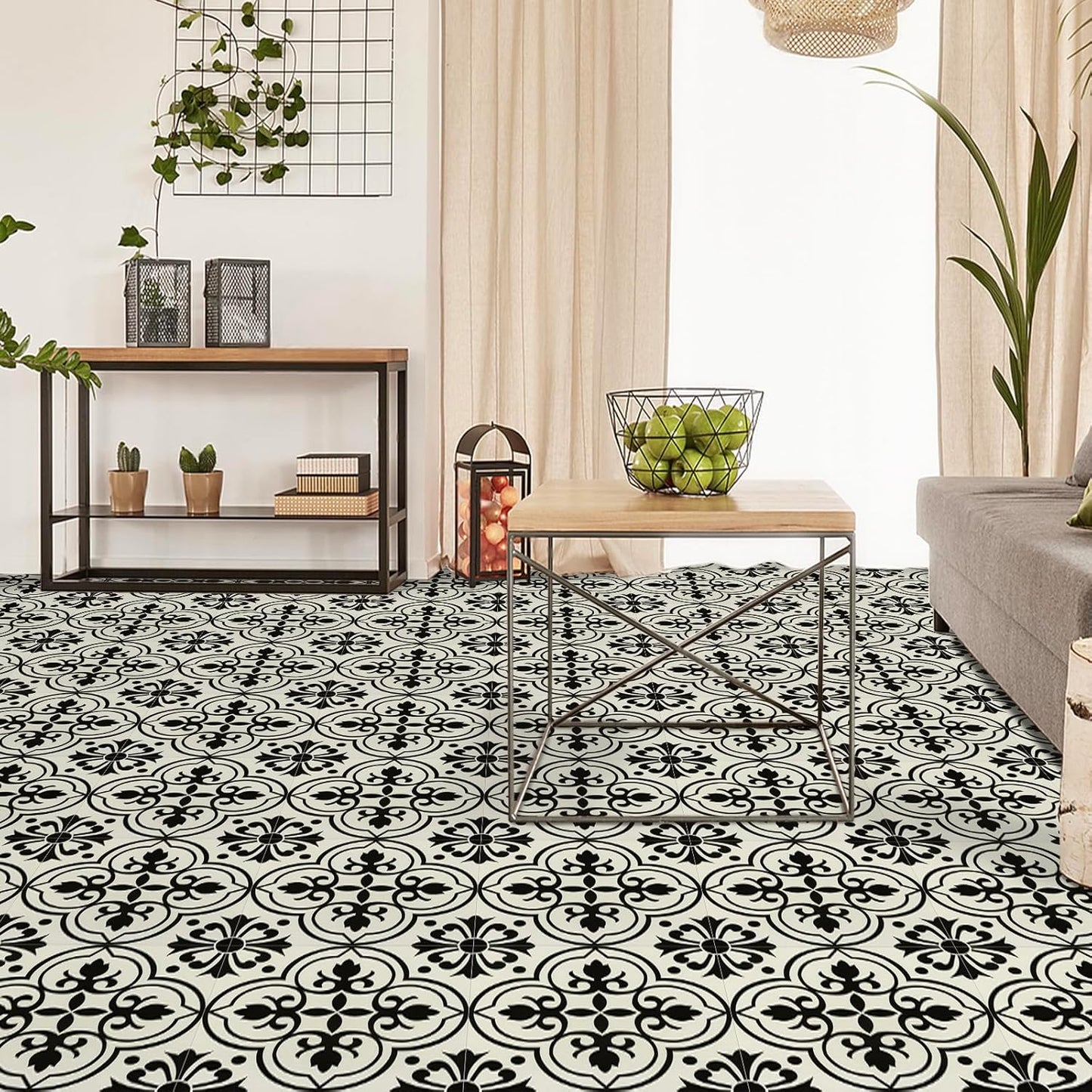 Stylish NUFLR self adhesive floor tiles 30cm x 30cm in a modern living room setting