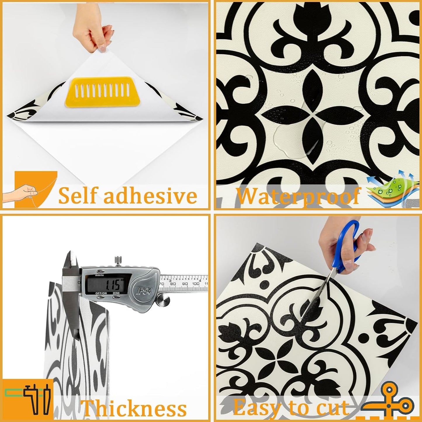NUFLR self adhesive floor tiles 30cm x 30cm in black and white with easy cut design and waterproof features