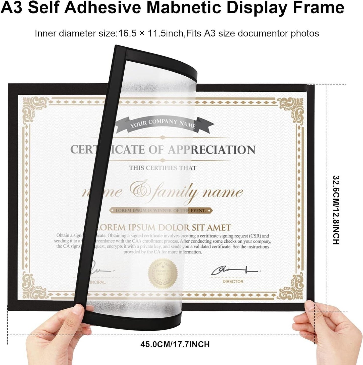A3 self adhesive magnetic picture frame displaying a certificate with a black border