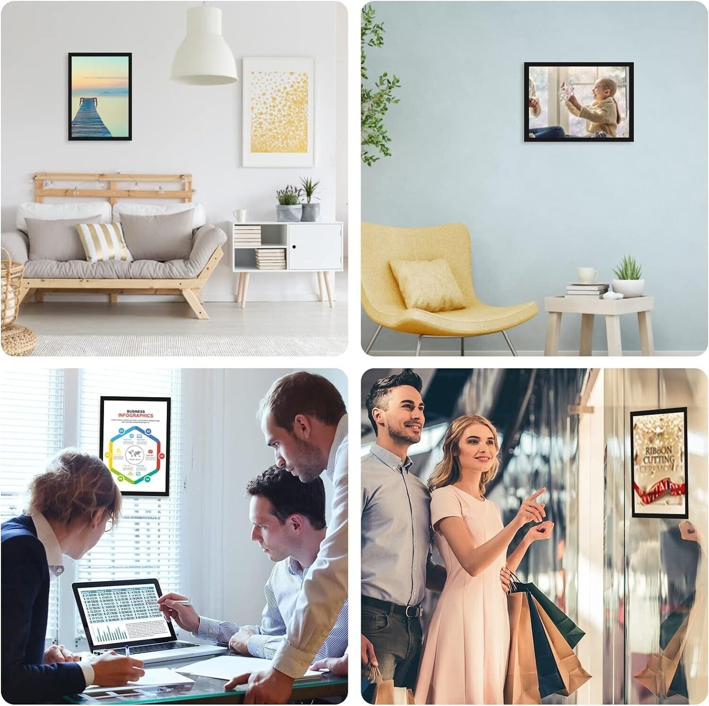 Self adhesive magnetic picture frame A3 displayed in various stylish home and office settings