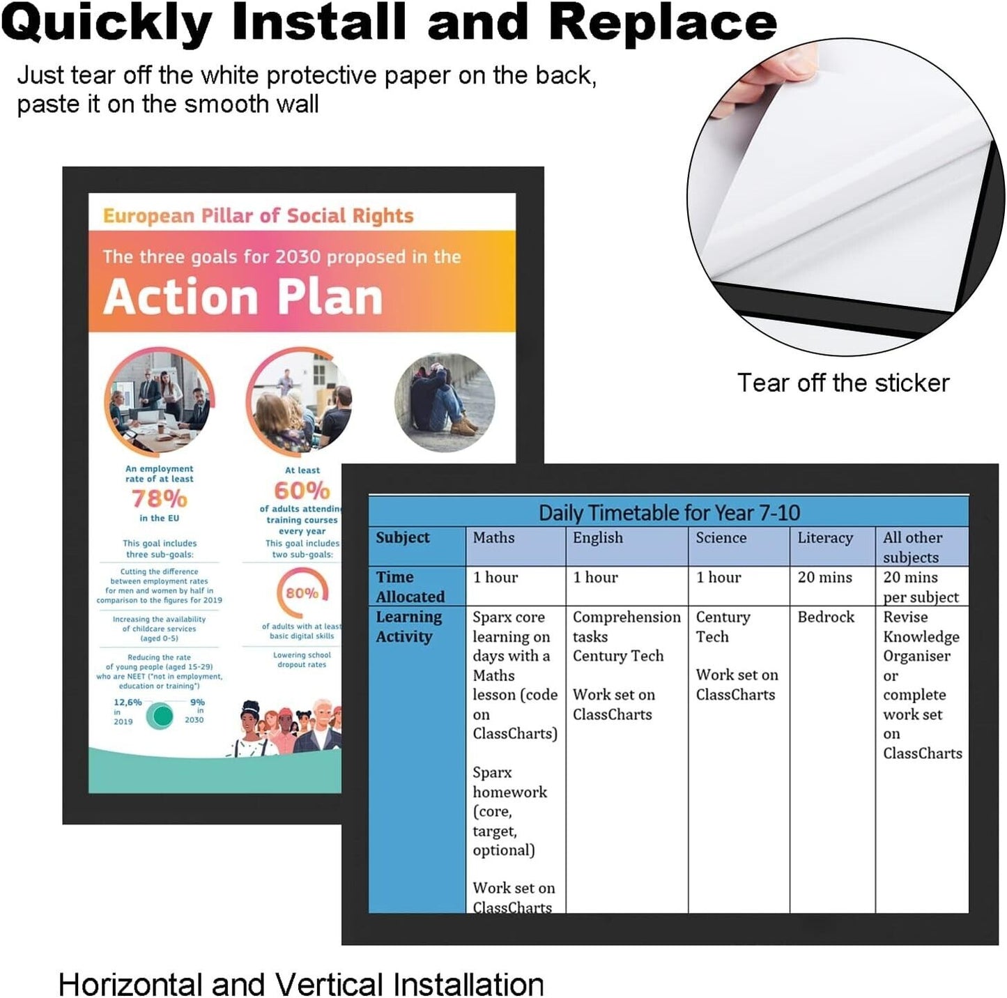 Self adhesive magnetic picture frame A3 displaying installation instructions and a daily timetable