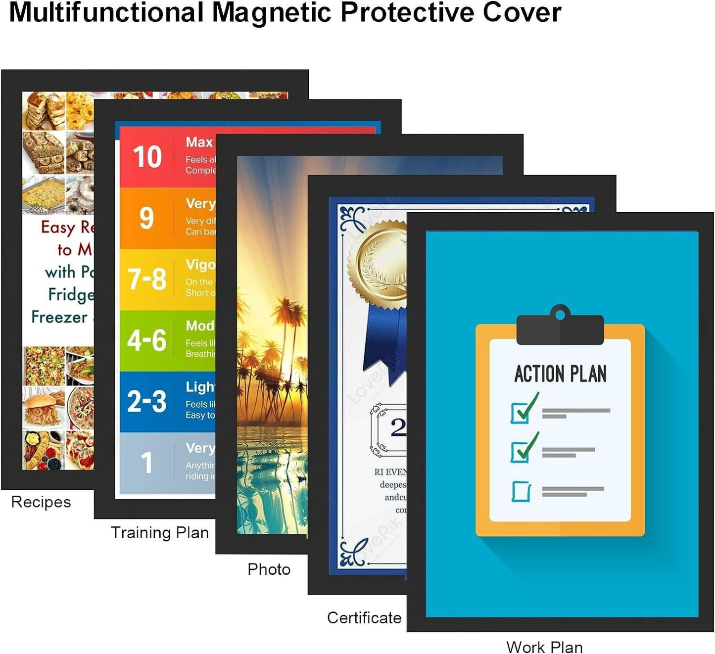 Self adhesive magnetic picture frame A3 displaying various documents and images like recipes and plans