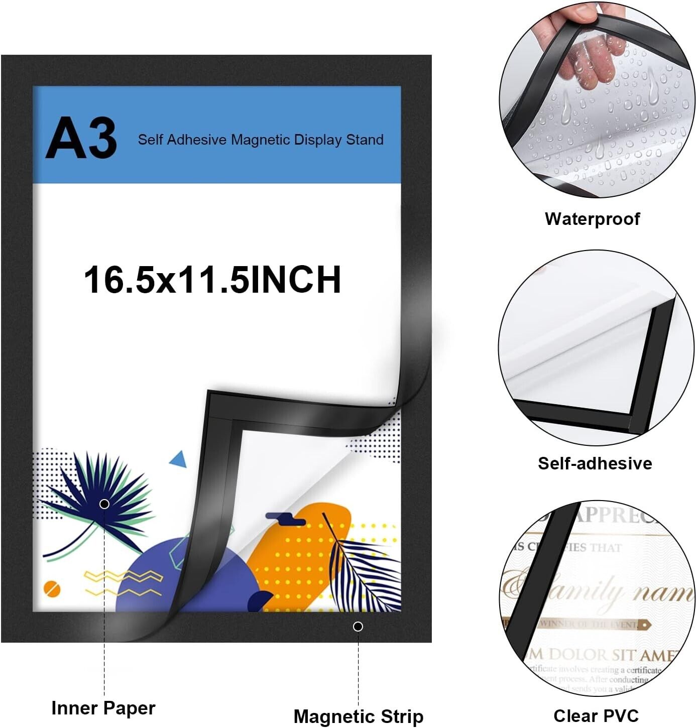 Self adhesive magnetic picture frame A3 in black with waterproof and self-adhesive features