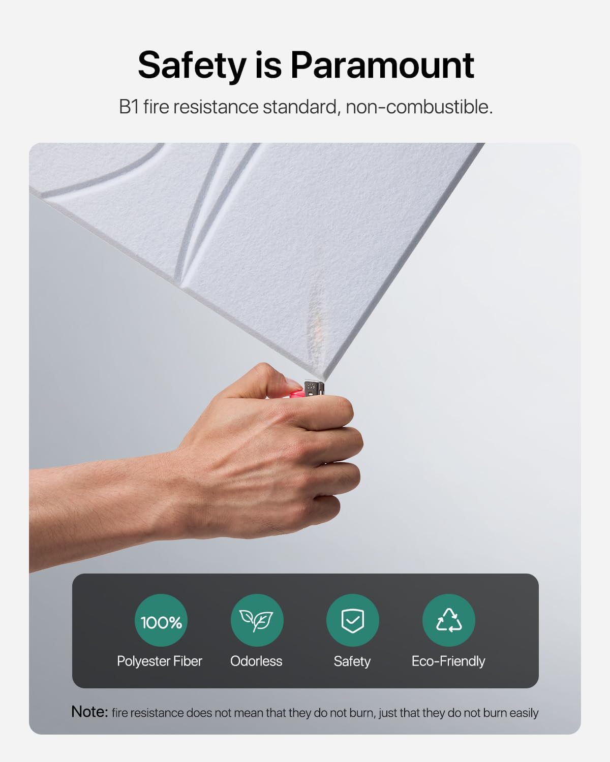 Hand demonstrating fire safety with self adhesive sound proofing panels made from eco-friendly polyester fibre