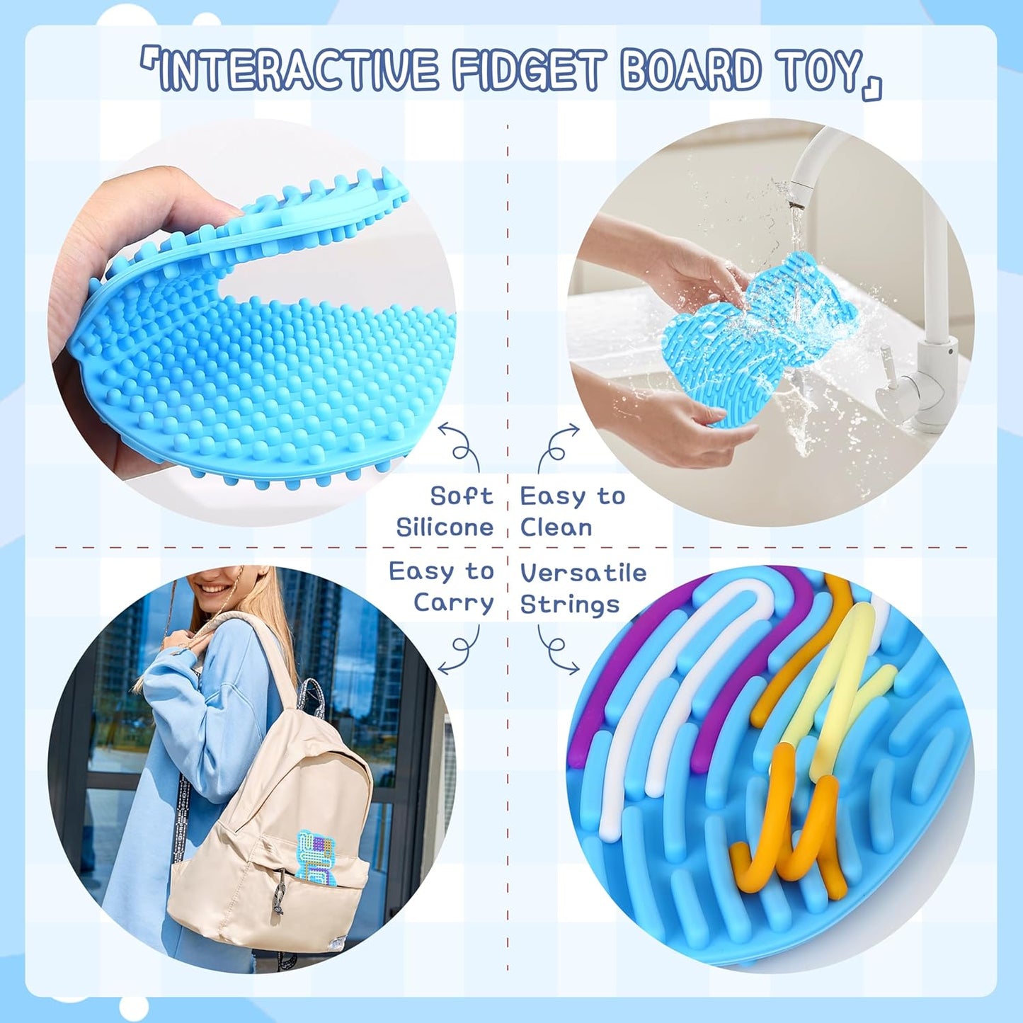 Welmay sensory activity board for kids in blue with soft silicone design and versatile strings for interactive play