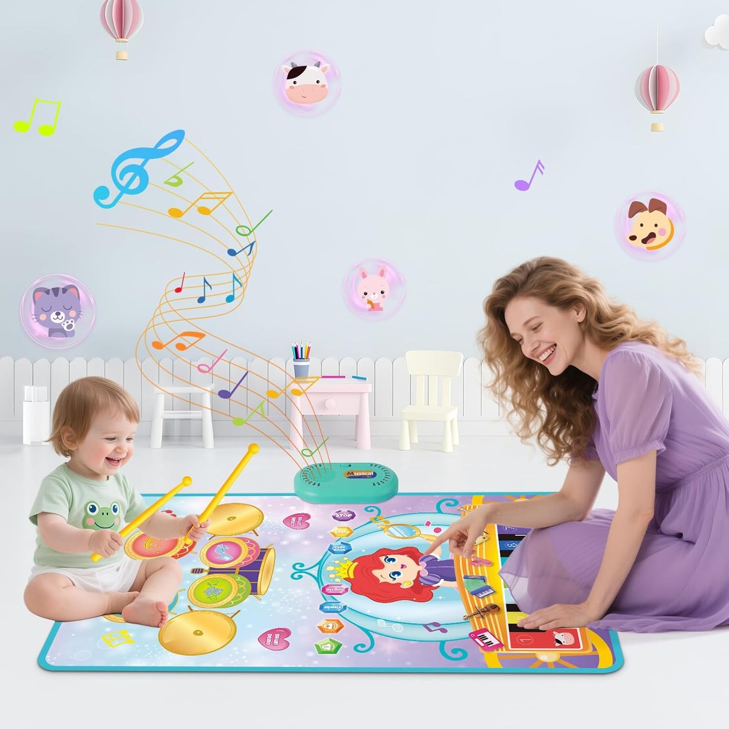 Child playing on a colourful 3-in-1 piano drum mat for kids with musical elements and a smiling adult