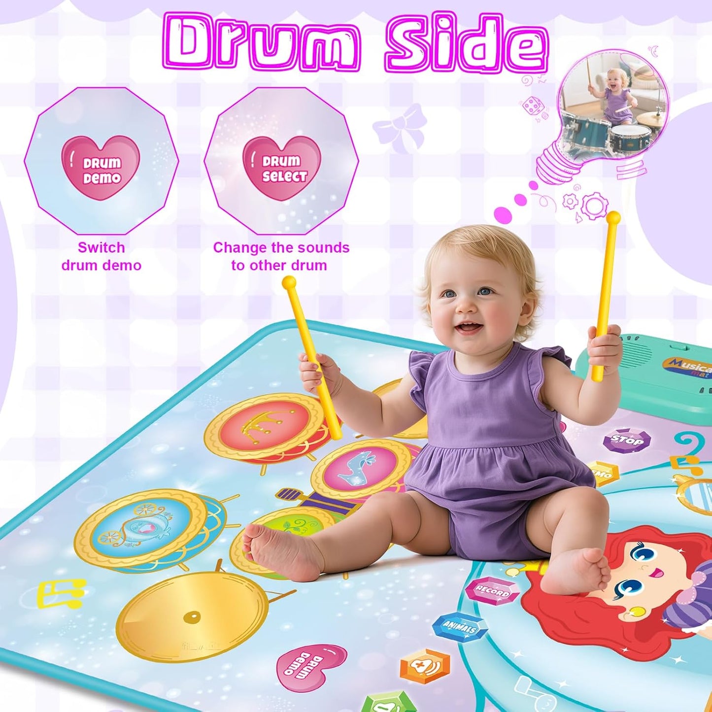 Shayson 3-in-1 piano drum mat for kids featuring a child playing drums with interactive sounds