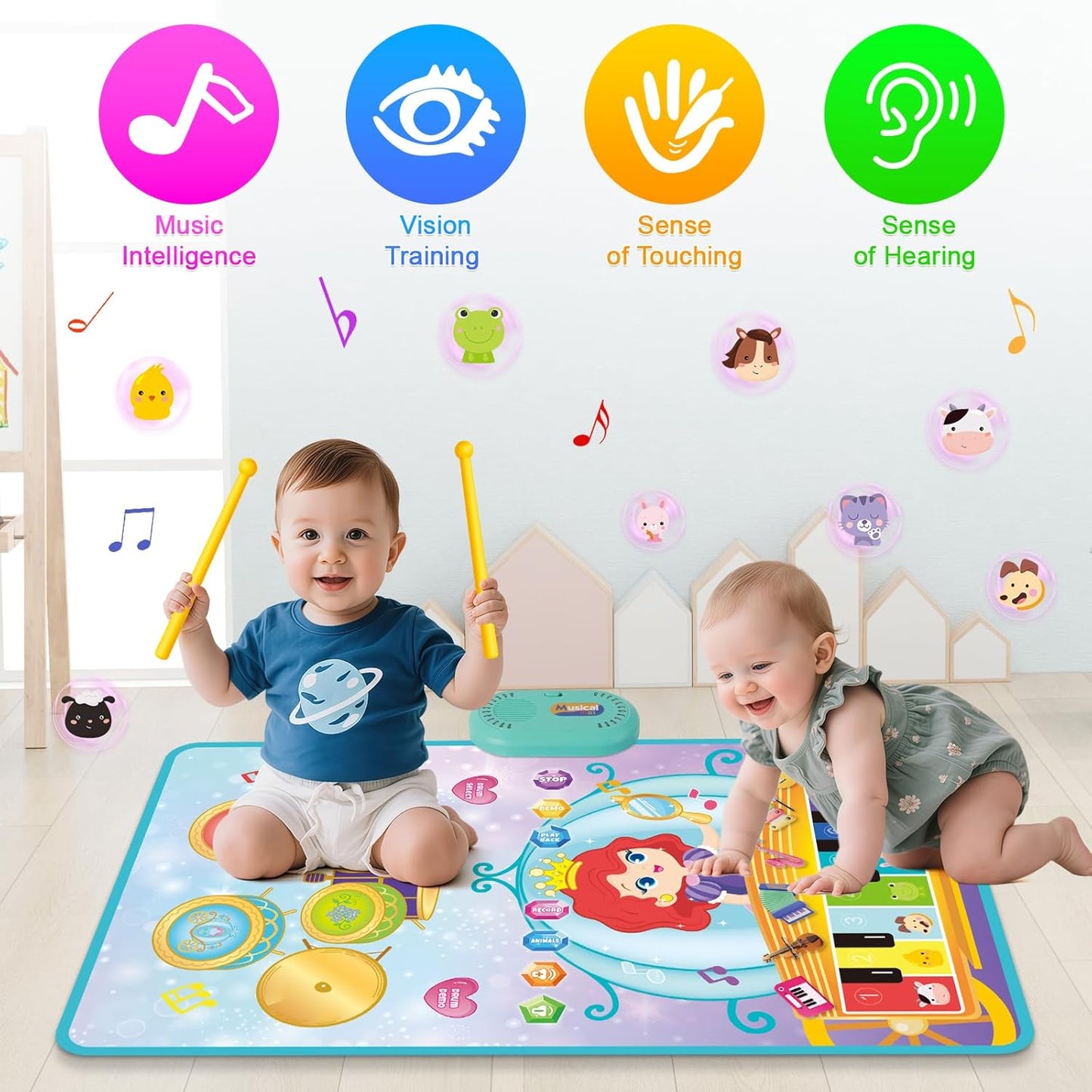 Children playing on a Shayson 3-in-1 piano drum mat for kids, promoting music and sensory skills