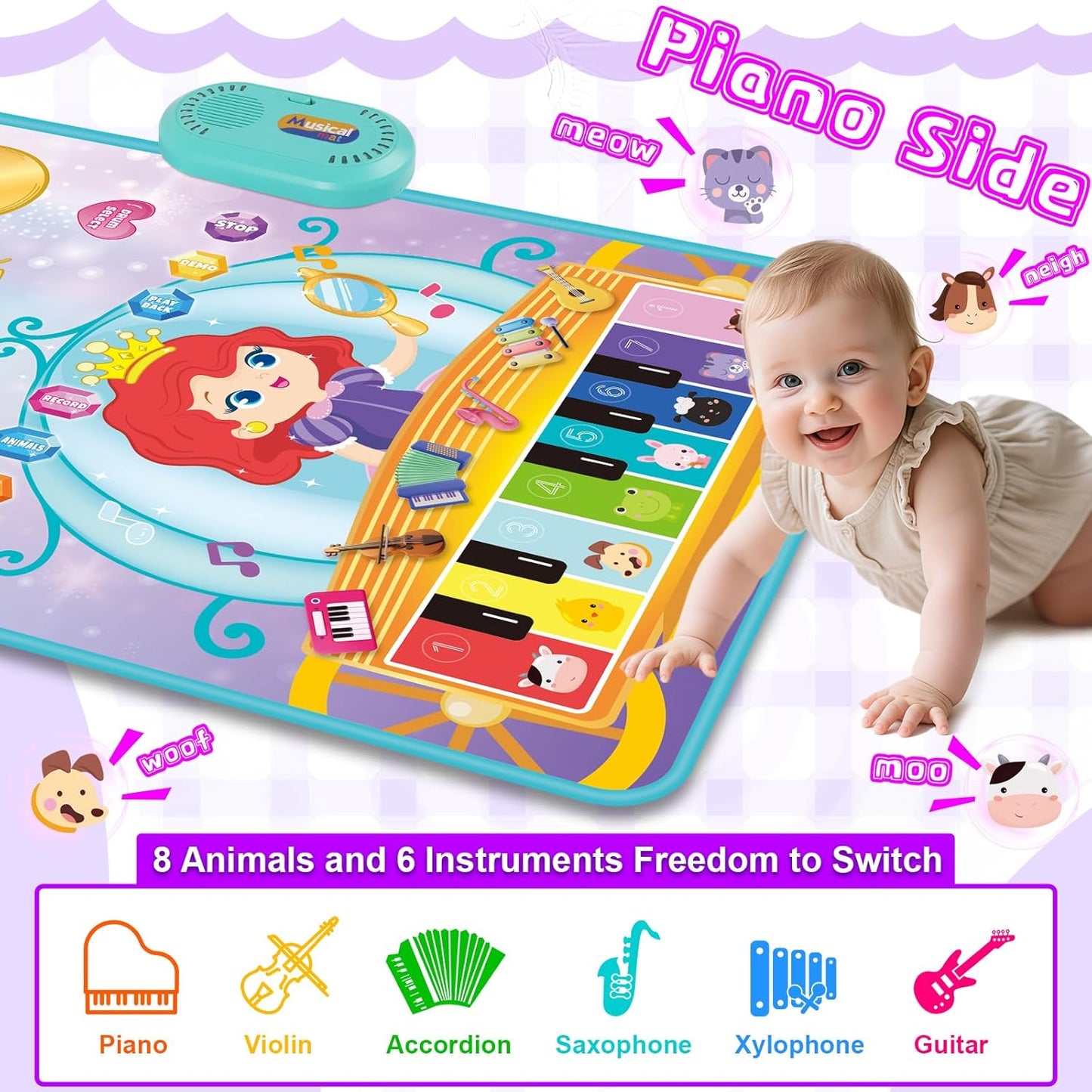Shayson 3-in-1 piano drum mat for kids with colourful instruments and cute animal graphics