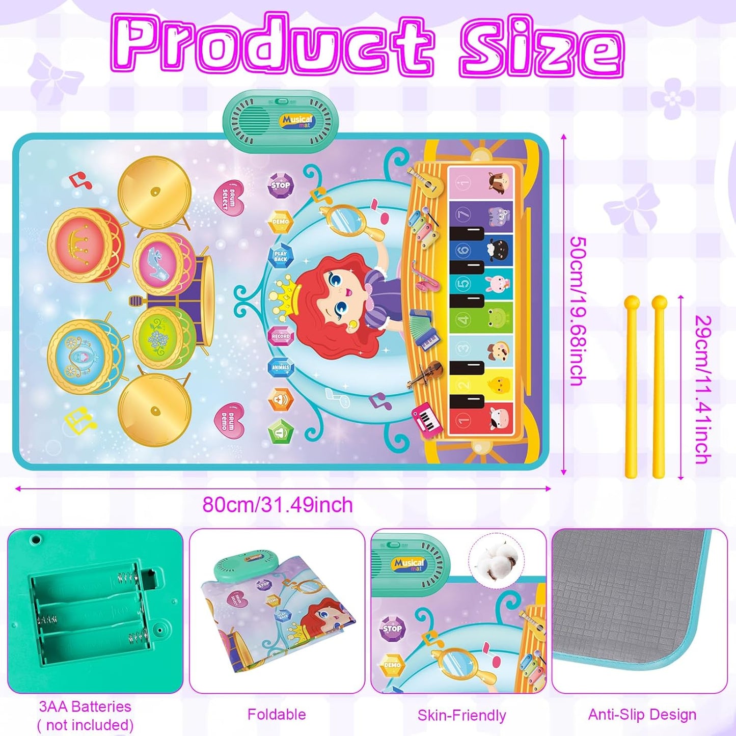 Shayson 3-in-1 piano drum mat for kids, colourful and foldable with anti-slip design