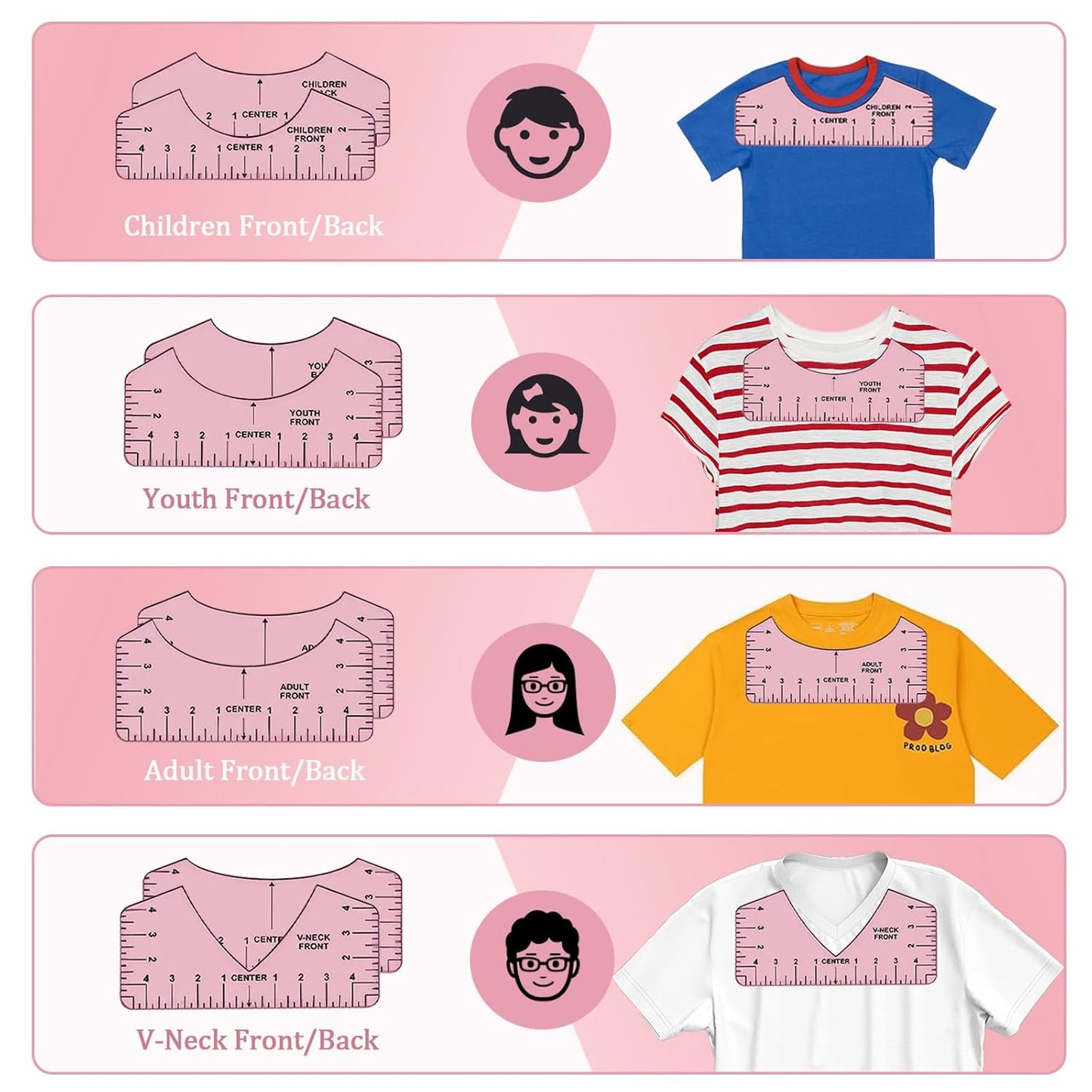 Sublimation shirt tool kit layout showing measurements for children, youth, adult, and V-neck styles