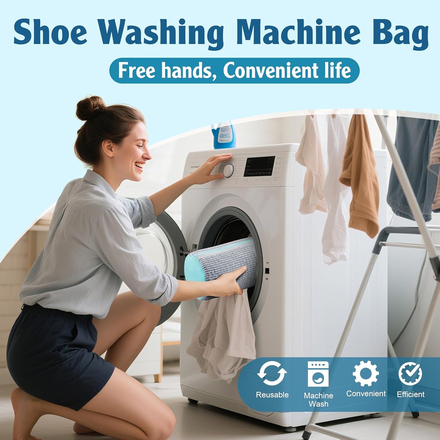 Shoe washing machine bag for convenient cleaning, featuring a woman using it in a laundry environment