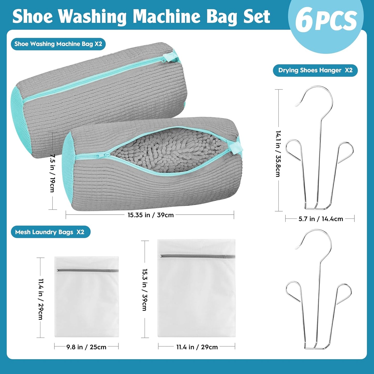 Shoe washing machine bag set including two bags and drying shoes hangers for safe laundry care