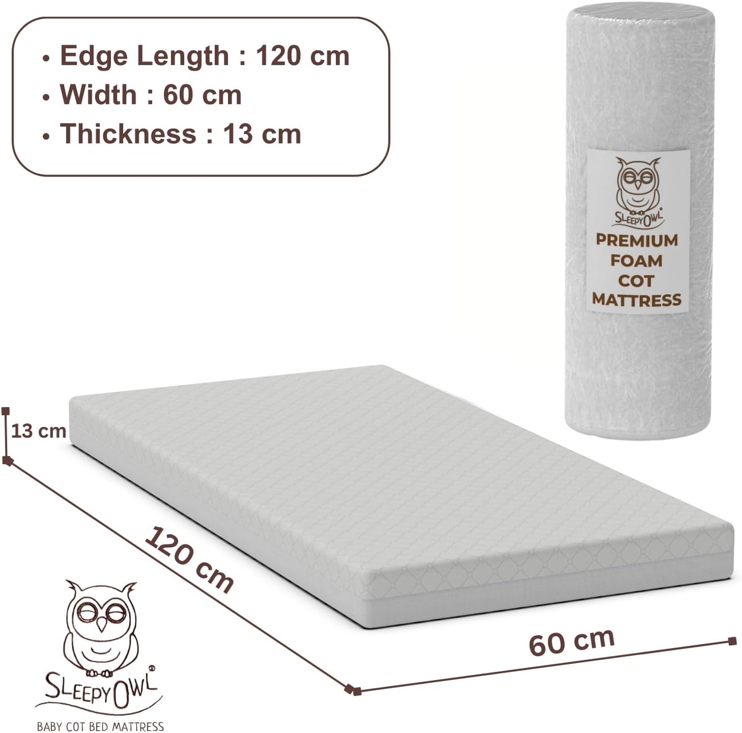 Sleepy Owl premium foam cot mattress measuring 120 cm by 60 cm and 13 cm thick for baby comfort