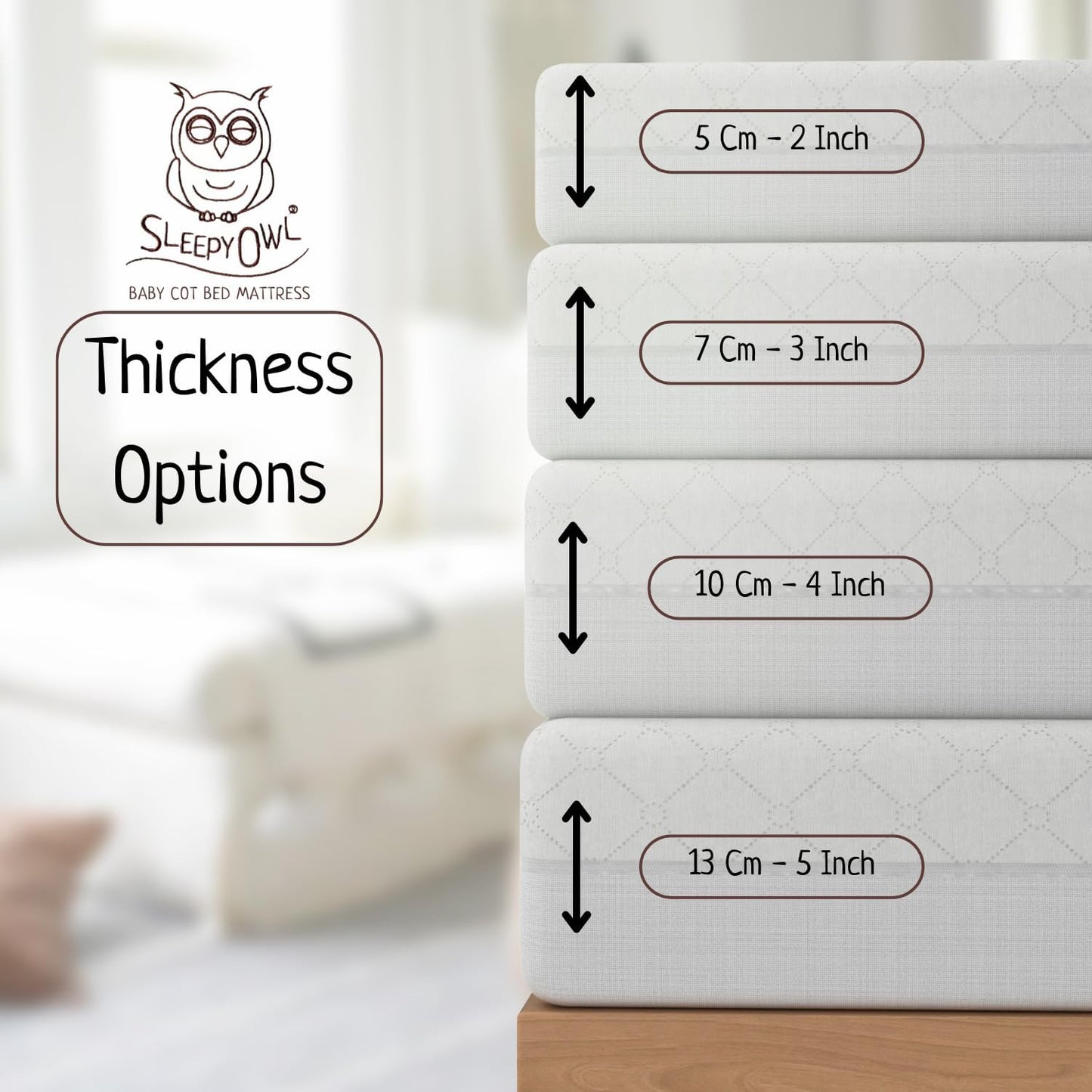 Sleepy Owl premium foam cot mattress displaying thickness options from 2 inch to 4 inch to 5 inch