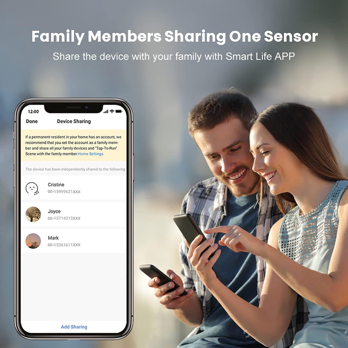 Family members sharing a smart door window sensor using Smart Life App for enhanced home security