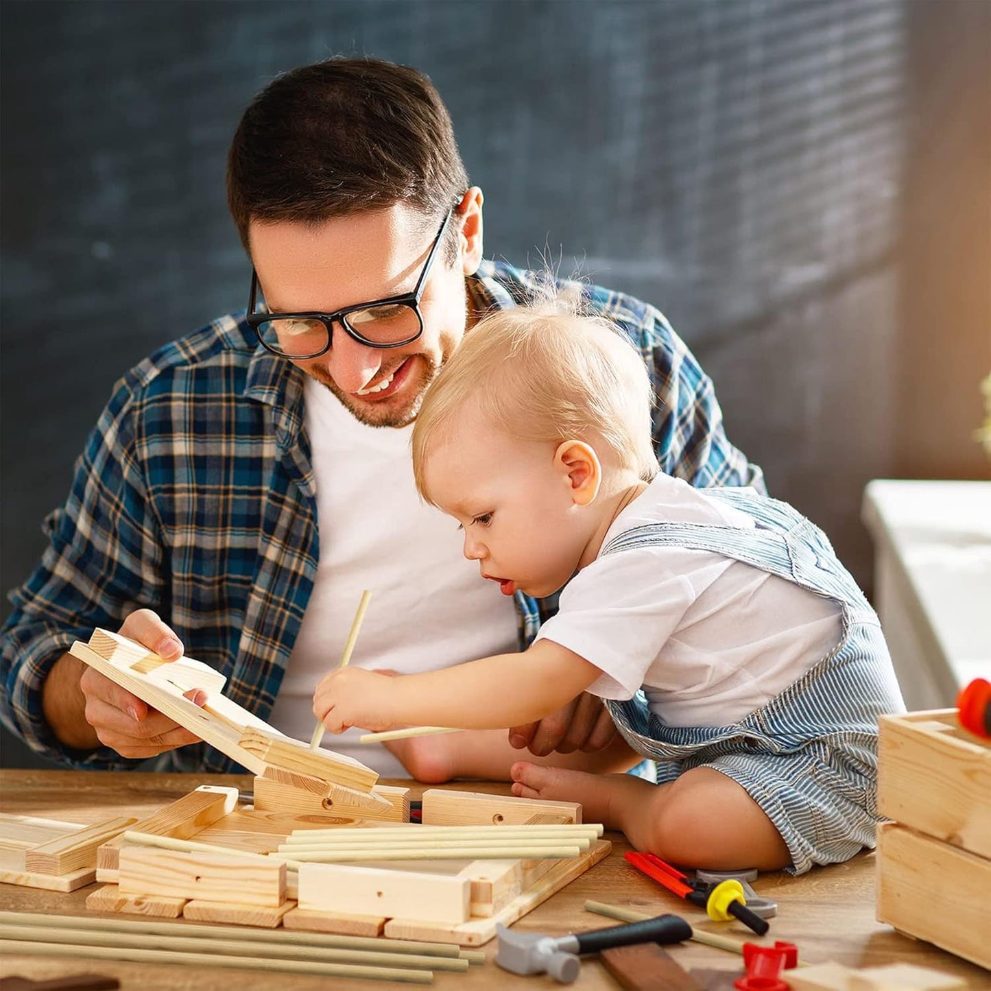 Smithy's wooden dowel rods 15cm used in crafting with a father and child enjoying woodworking together