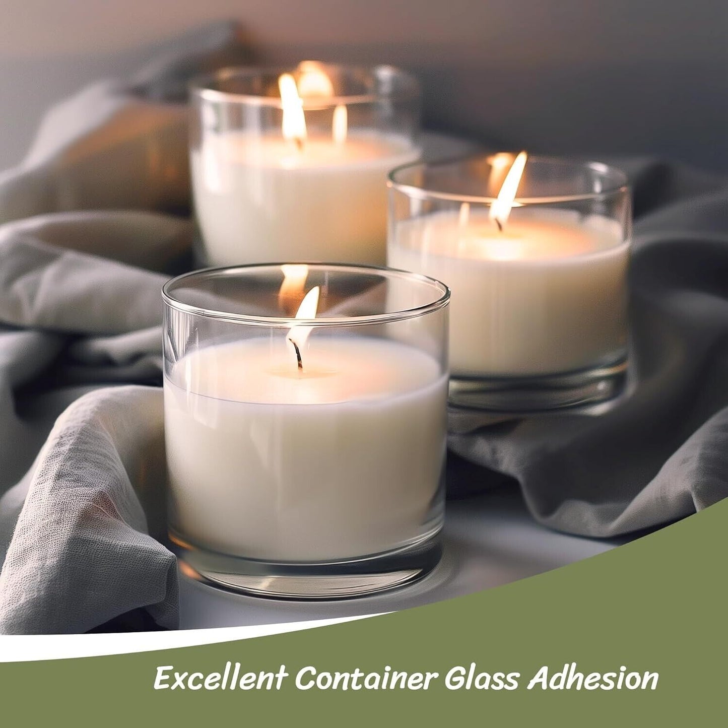 Soy wax flakes for candle making in elegant glass containers with lit candles and soft fabric backdrop