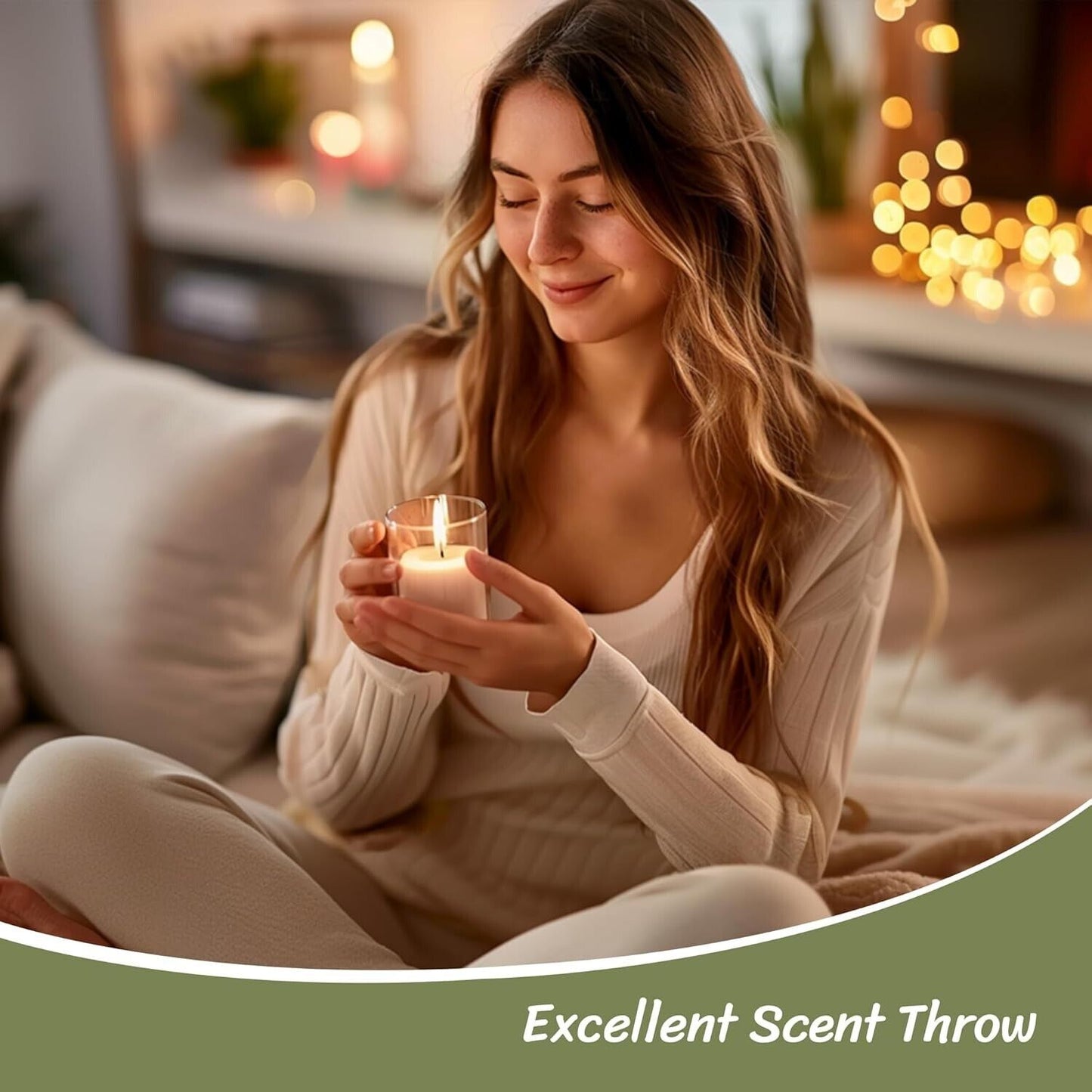 Woman enjoying a candle made with soy wax flakes for candle making, showcasing a warm and inviting ambiance