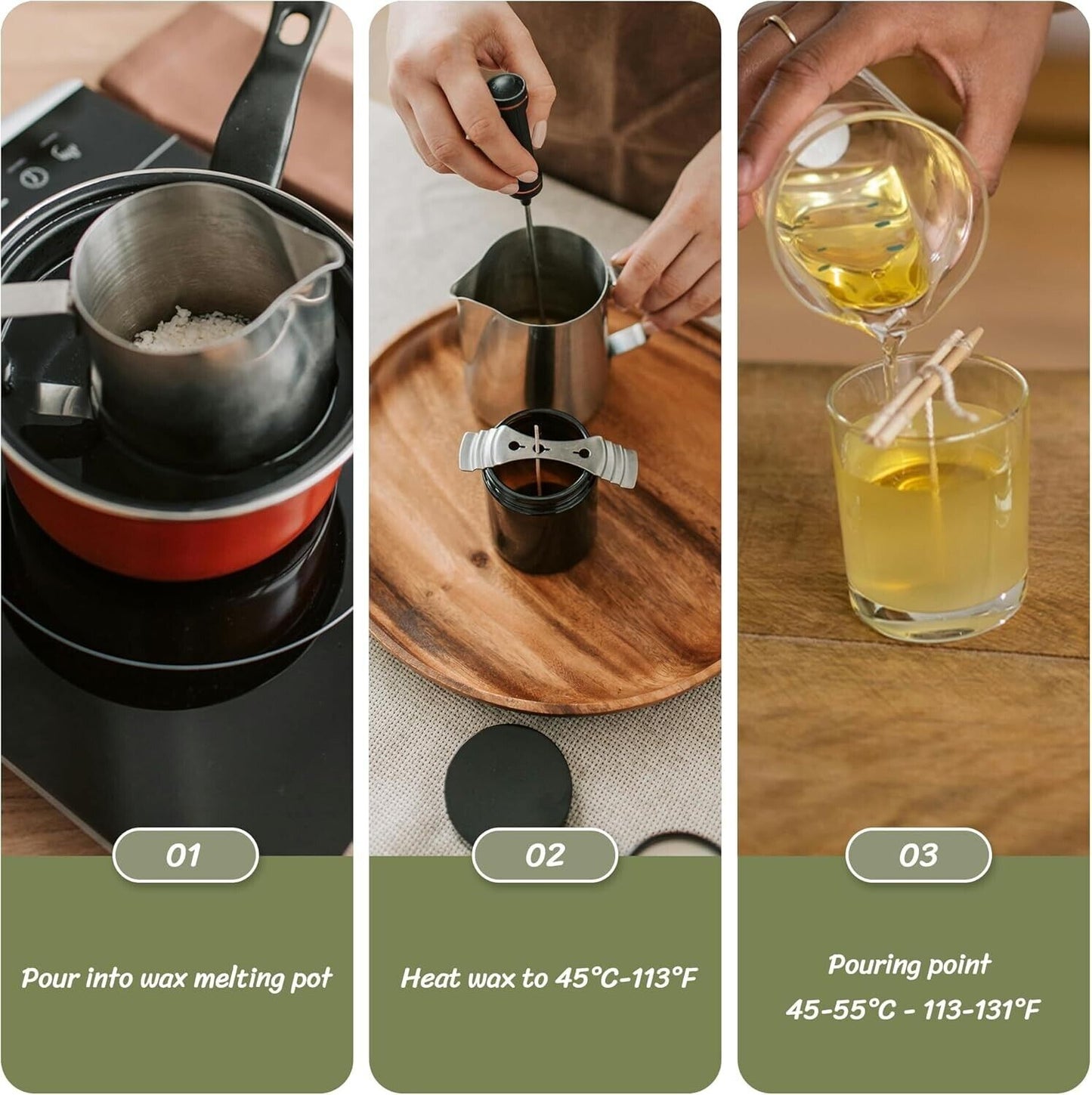 Soy wax flakes for candle making in a melting pot with temperature guidance for pouring
