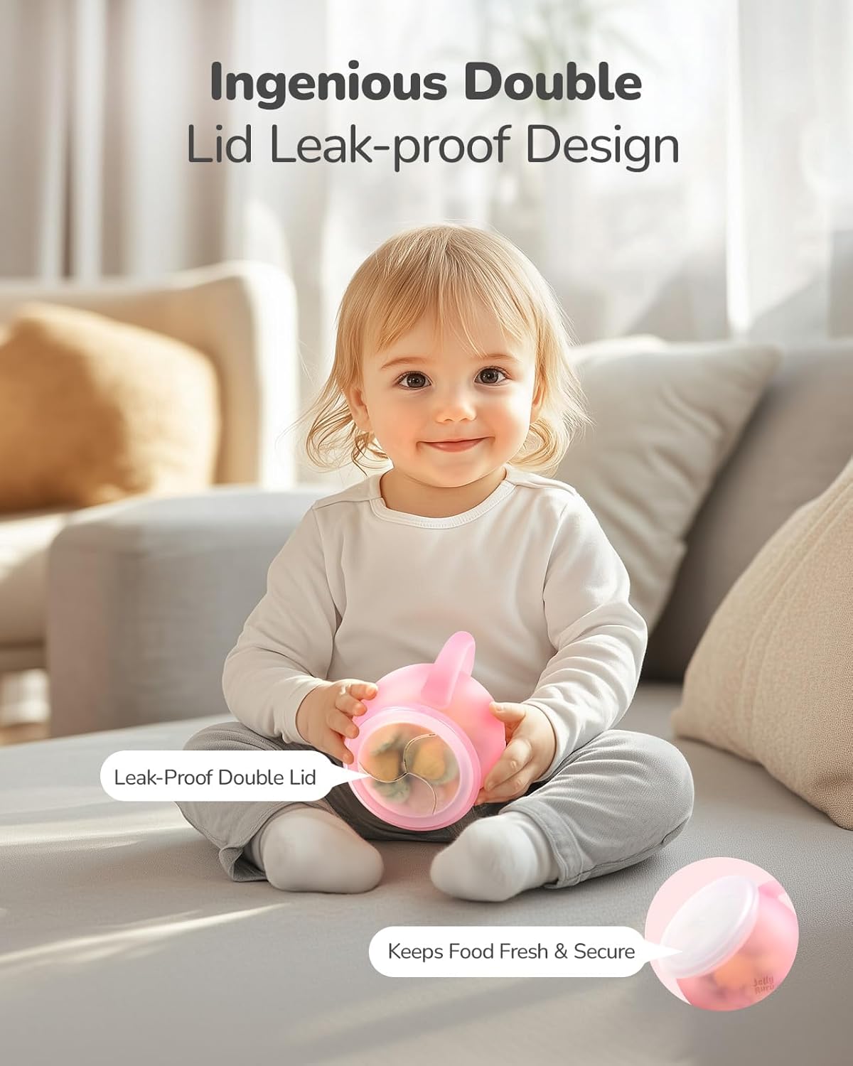Pink spill proof toddler snack cup with double lid design to keep food fresh and secure