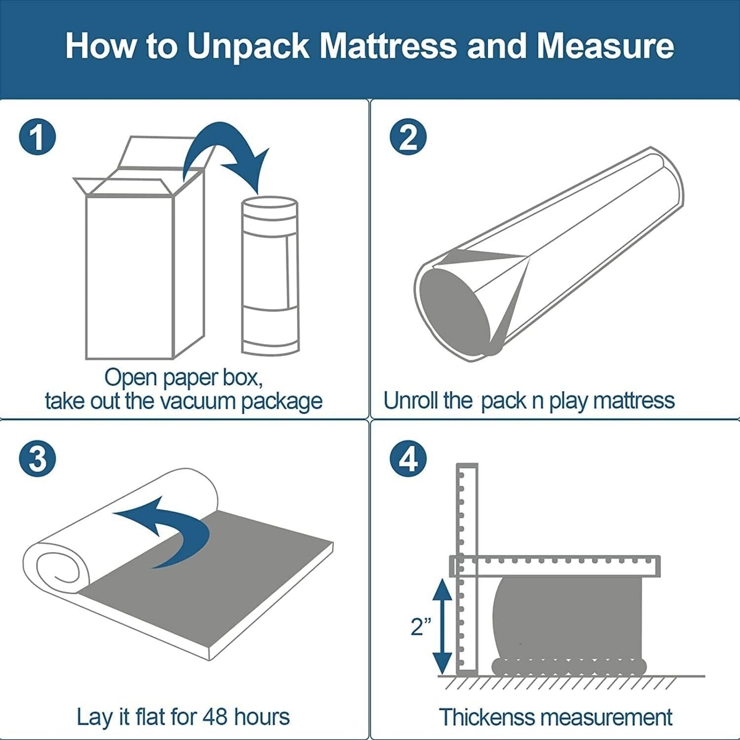 Instructions for unpacking the Sprintspirit cot mattress for travel with step-by-step visuals