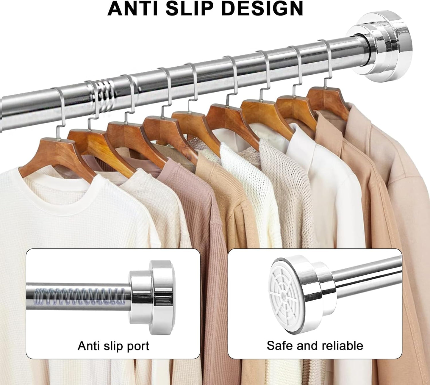 GQC stainless steel extendable shower curtain rod with anti-slip design and hanging garments