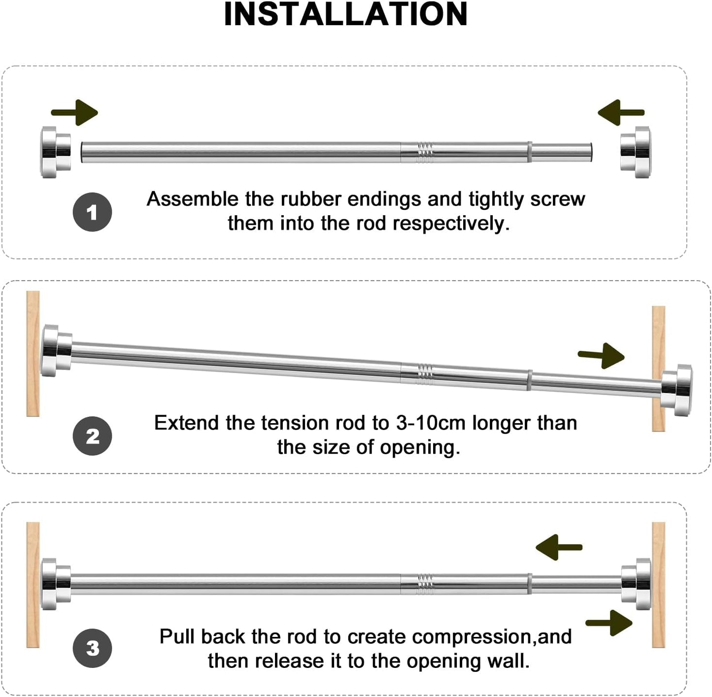 Installation guide for stainless steel extendable shower curtain rod with rubber endings and tension mechanism