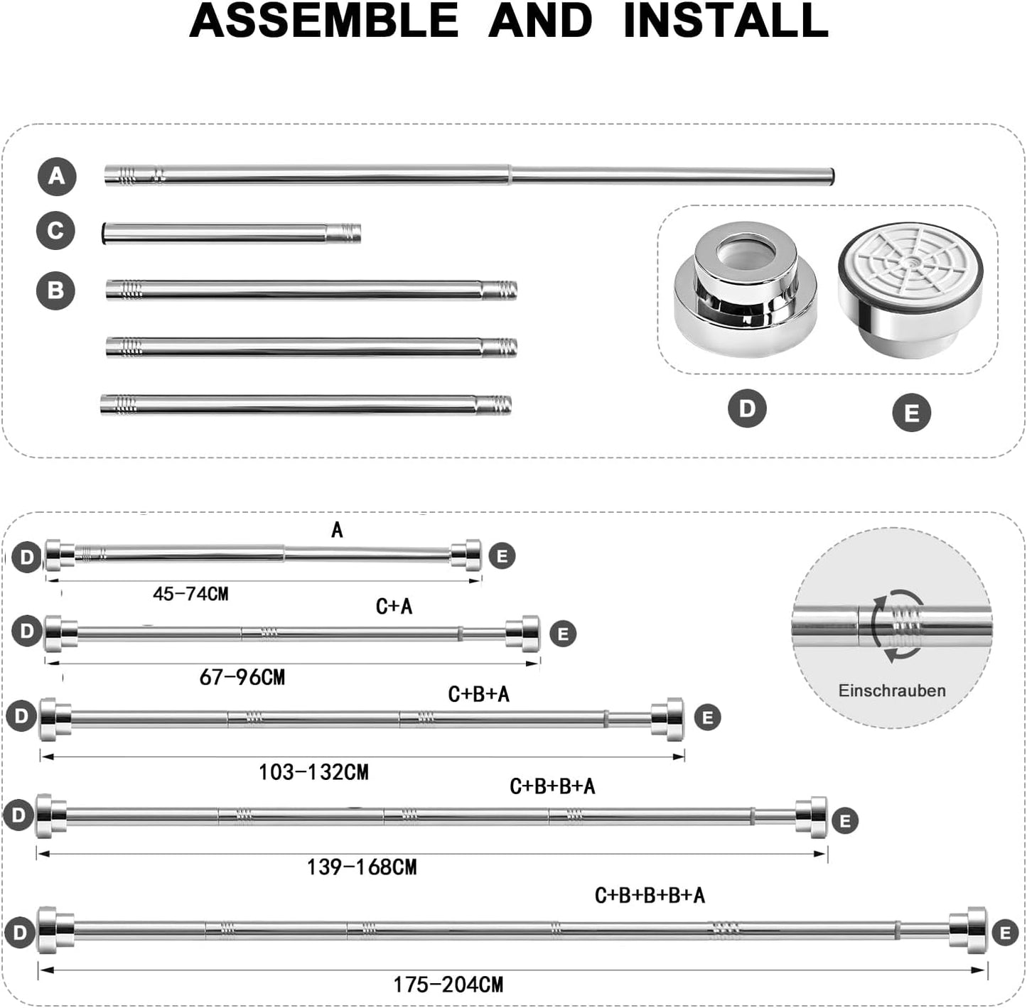 GQC stainless steel extendable shower curtain rod components for easy assembly and installation
