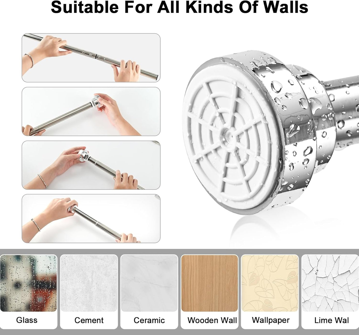GQC stainless steel extendable shower curtain rod with installation features and suitable wall types