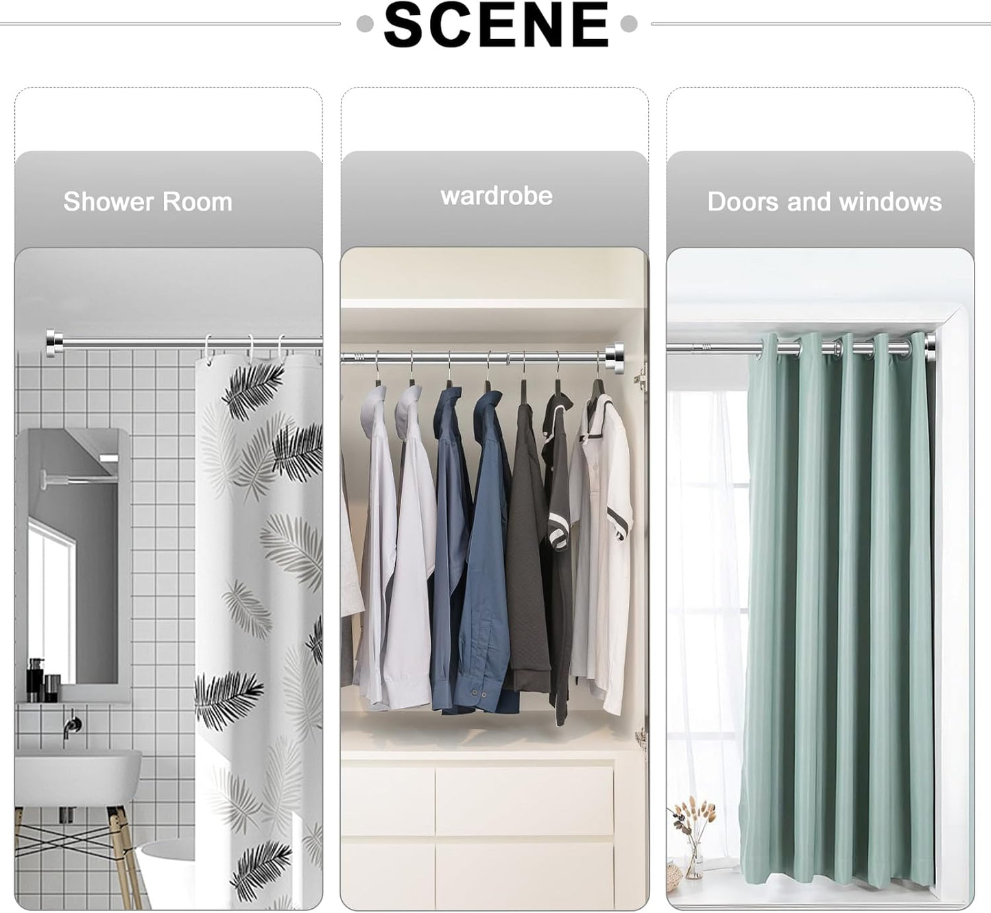 GQC stainless steel extendable shower curtain rod showcased in shower room and wardrobe settings