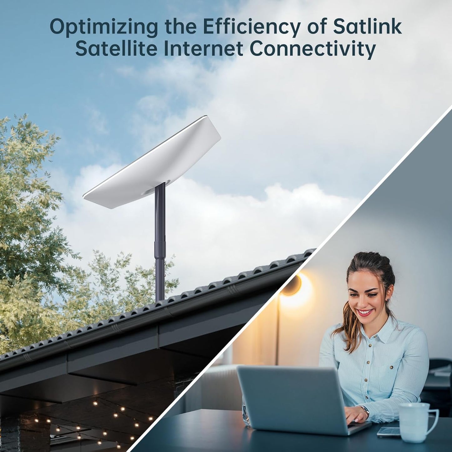 Starlink pole mount kit for optimal satellite internet connection on a roof with a user at a desk