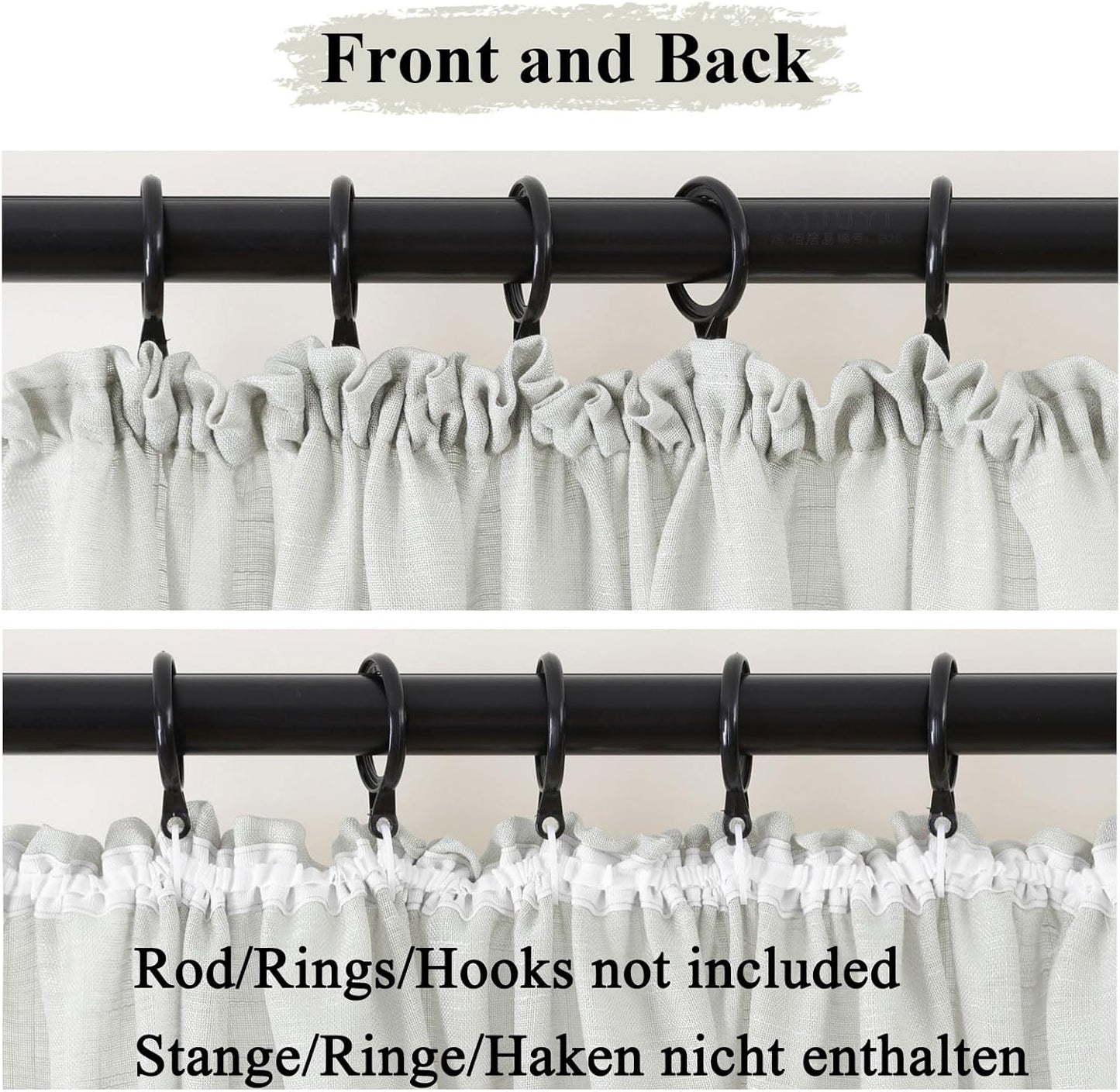 Front and back view of L.Z.E silver grey semi sheer kitchen curtains with gathered top design